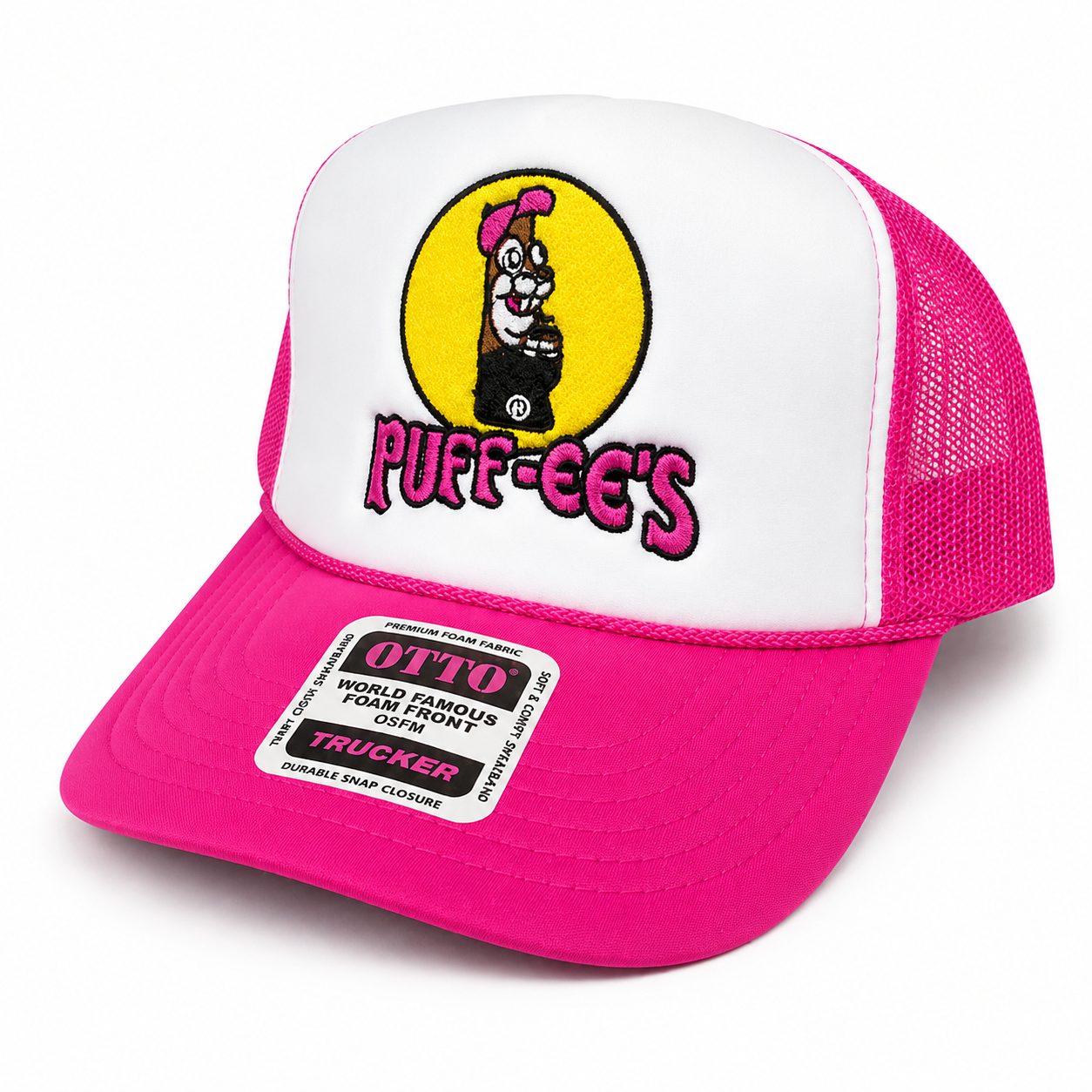 Custom Embroidered Puff-ee’s Puffcon 2025 Friends & Family Snapback Trucker Hat – Pink
