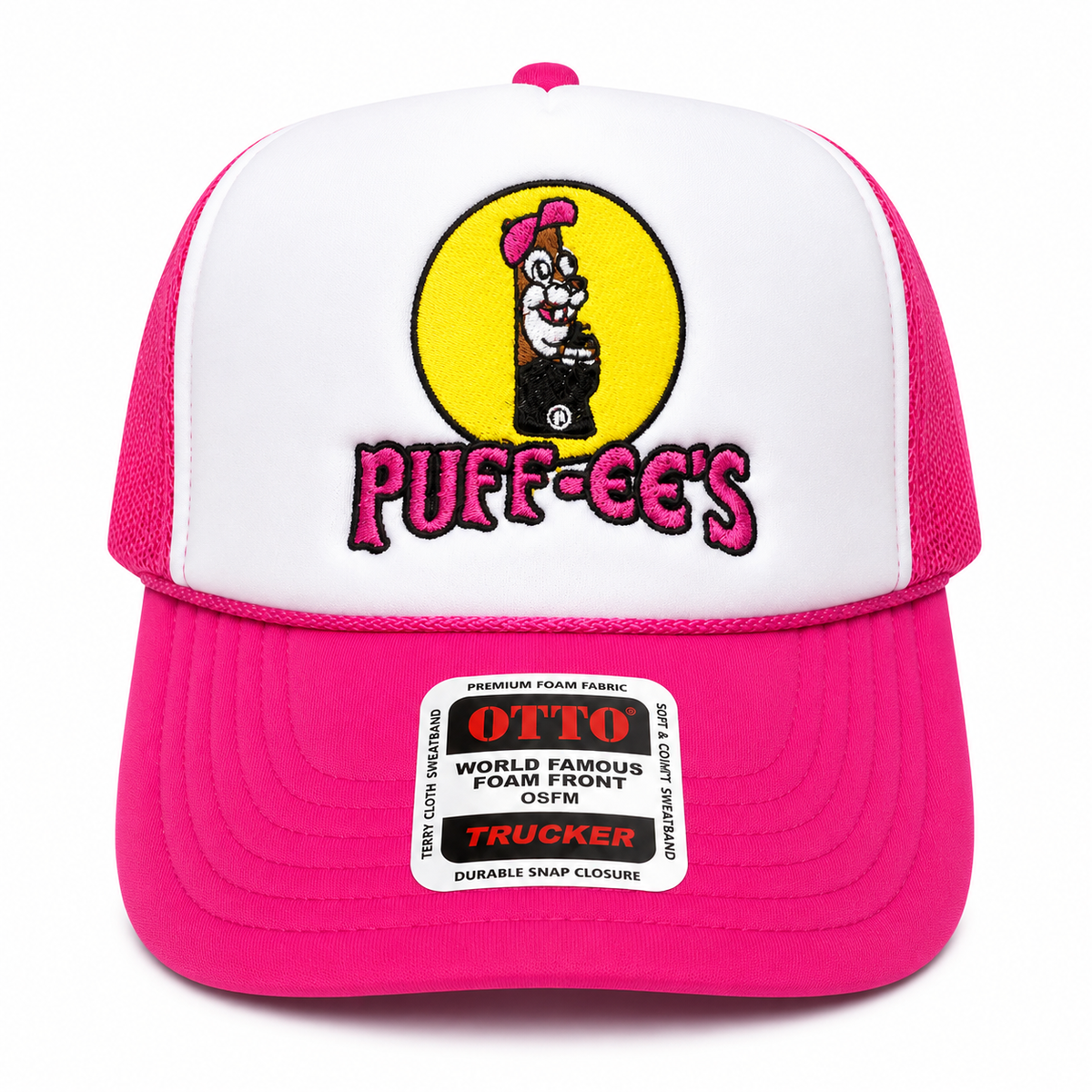 Custom Embroidered Puff-ee’s Puffcon 2025 Snapback Trucker Hat – Pink/White