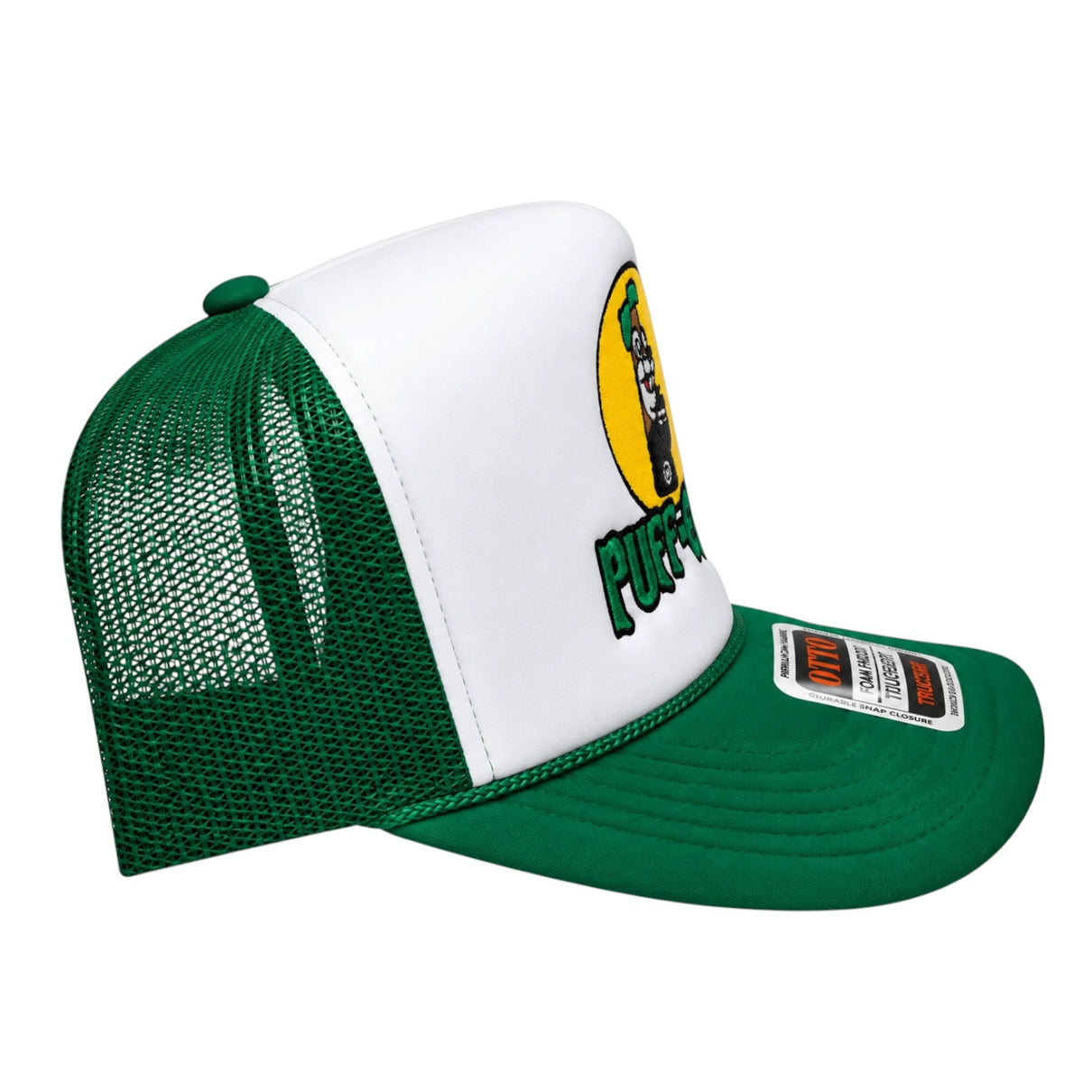 Custom Embroidered Puff-ee’s Puffcon 2025 Snapback Trucker Hat – Green/White
