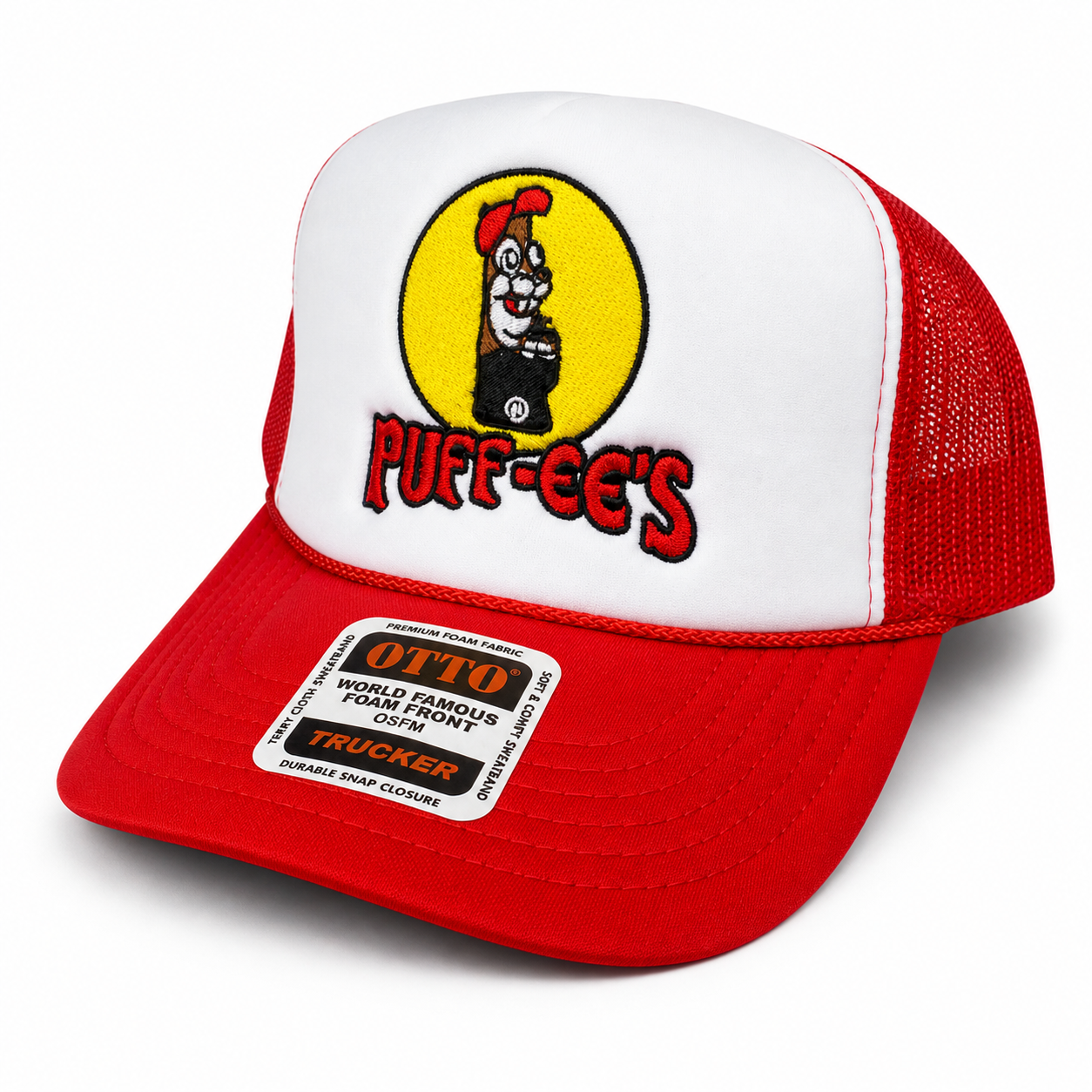 Custom Embroidered Puff-ee’s Puffcon 2025 Friends & Family Snapback Trucker Hat – Red
