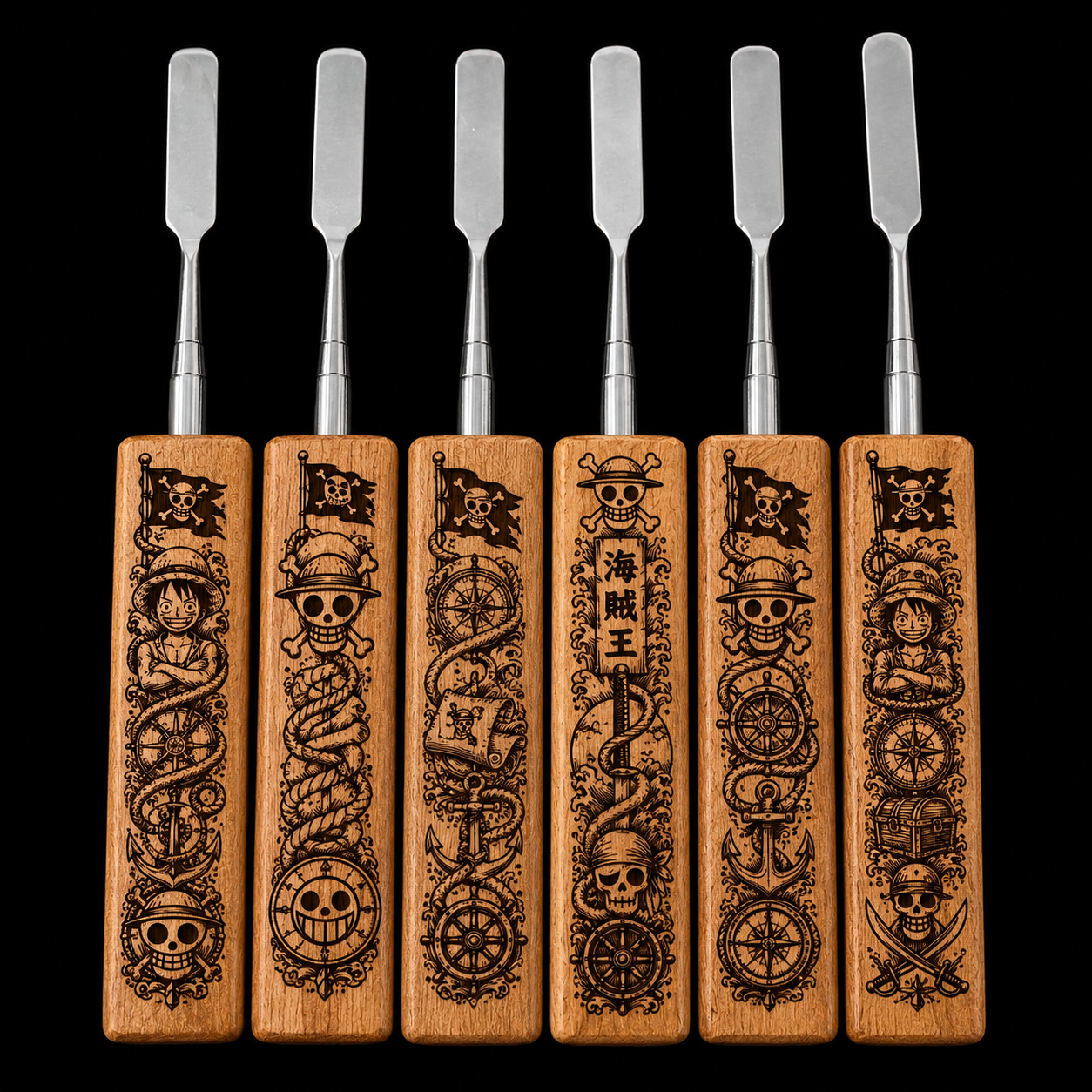 One Piece Laser Engraved Wooden Dab Tool – Stainless Steel Dabber - Pirate Designs