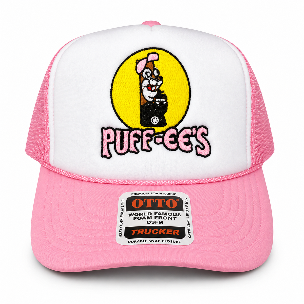 Custom Embroidered Puff-ee’s Puffcon 2025 Snapback Trucker Hat – Pink/White