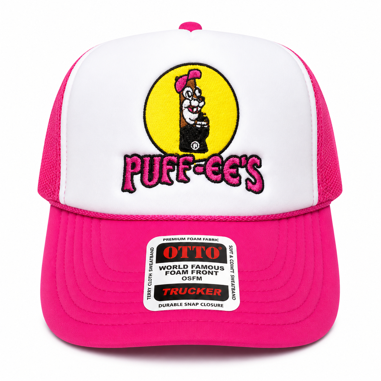 Custom Embroidered Puff-ee’s Puffcon 2025 Friends & Family Snapback Trucker Hat – Pink