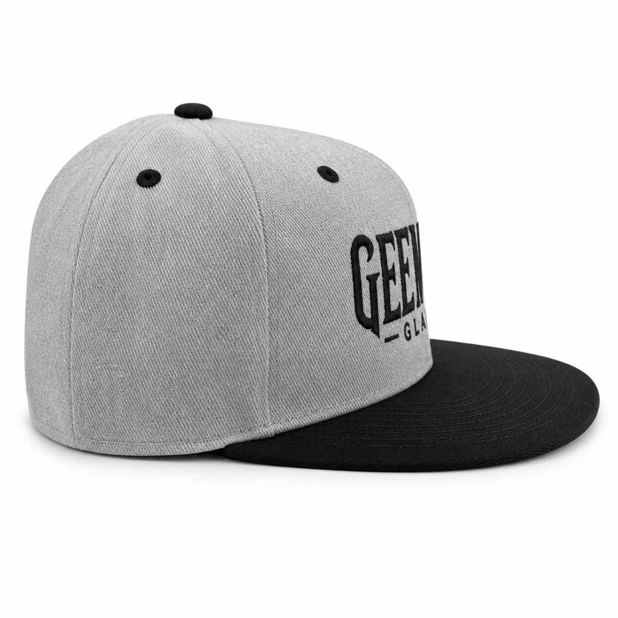 Gee West Glass Snapback Hat – Gray Crown / Black Brim – Embroidered Logo