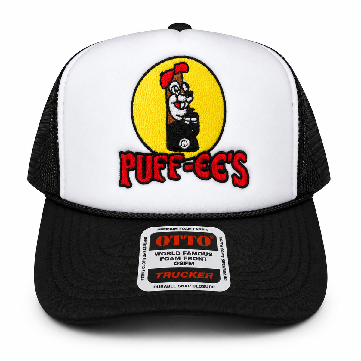 Custom Embroidered Puff-ee’s Puffcon 2025 Snapback Trucker Hat – Black/White