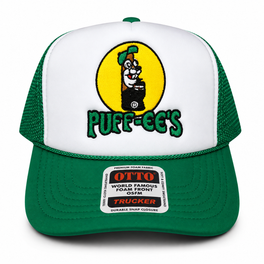 Custom Embroidered Puff-ee’s Puffcon 2025 Snapback Trucker Hat – Green/White