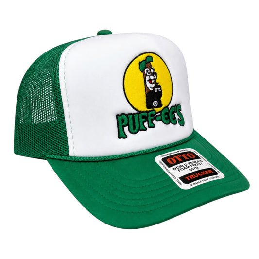 Custom Embroidered Puff-ee’s Puffcon 2025 Snapback Trucker Hat – Green/White