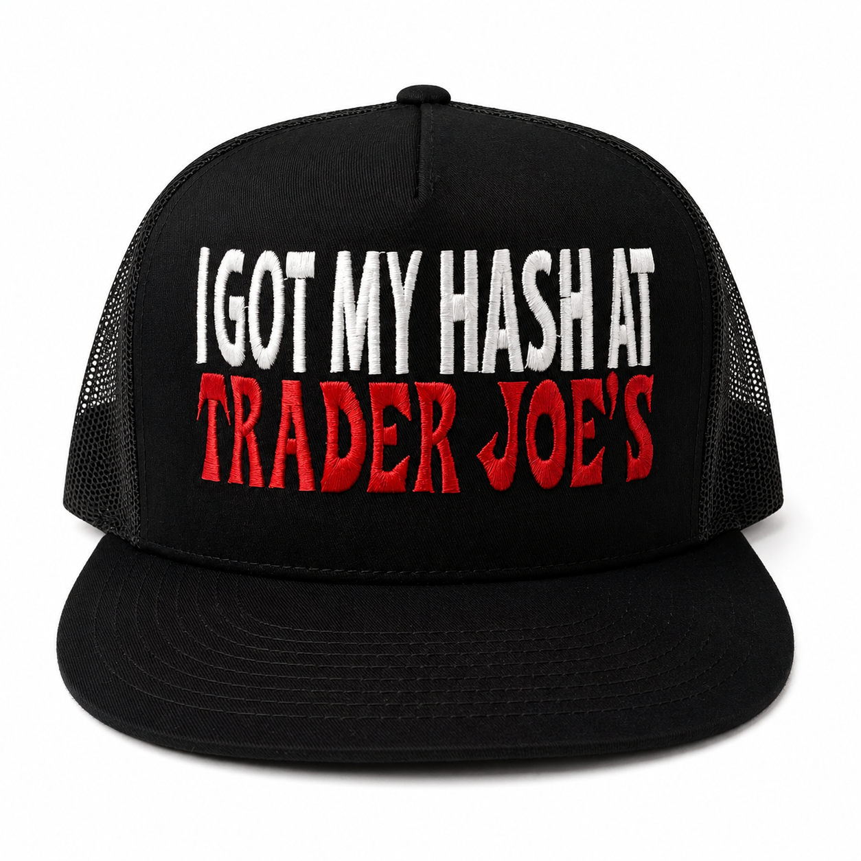 I Got My Hash At Trader Joe’s Embroidered Snapback Trucker Hat – Red/White