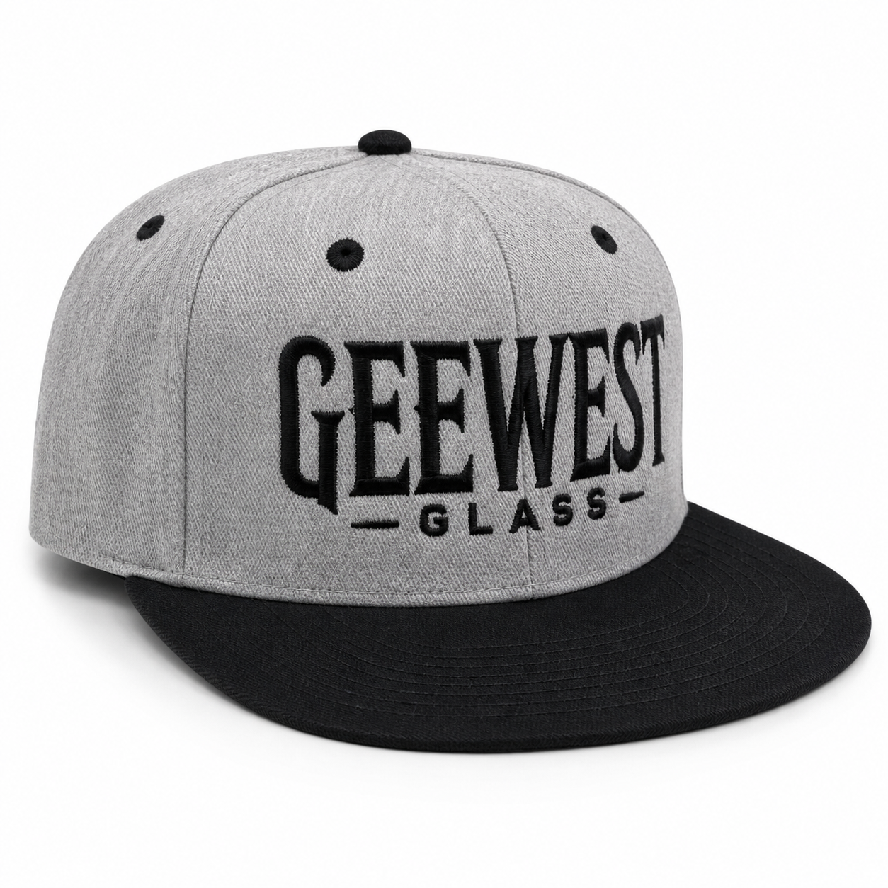 Gee West Glass Snapback Hat – Gray Crown / Black Brim – Embroidered Logo