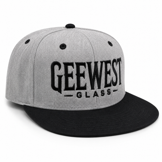 Gee West Glass Snapback Hat – Gray Crown / Black Brim – Embroidered Logo